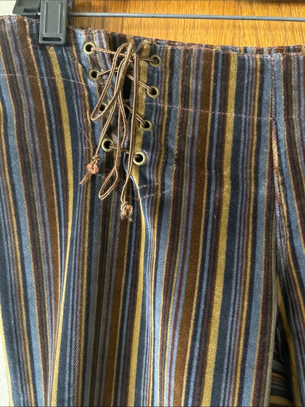 Bebe Vintage Striped Lace-Up Flared Pants - Navy, Brown, Tan size 4 - Picture 3 of 10